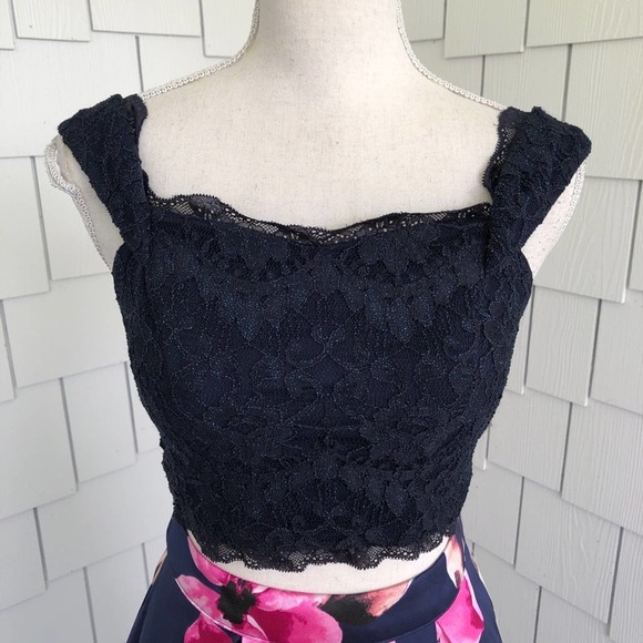 Speechless Women's Navy/Pink Floral/Lace Top/Skirt Two Piece Set sz Junior's 1 - Picture 5 of 7
